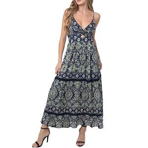 Angie Navy & Green V-Neck Twist Front Cut Out Lace Trim Maxi Dress F4F48-A902